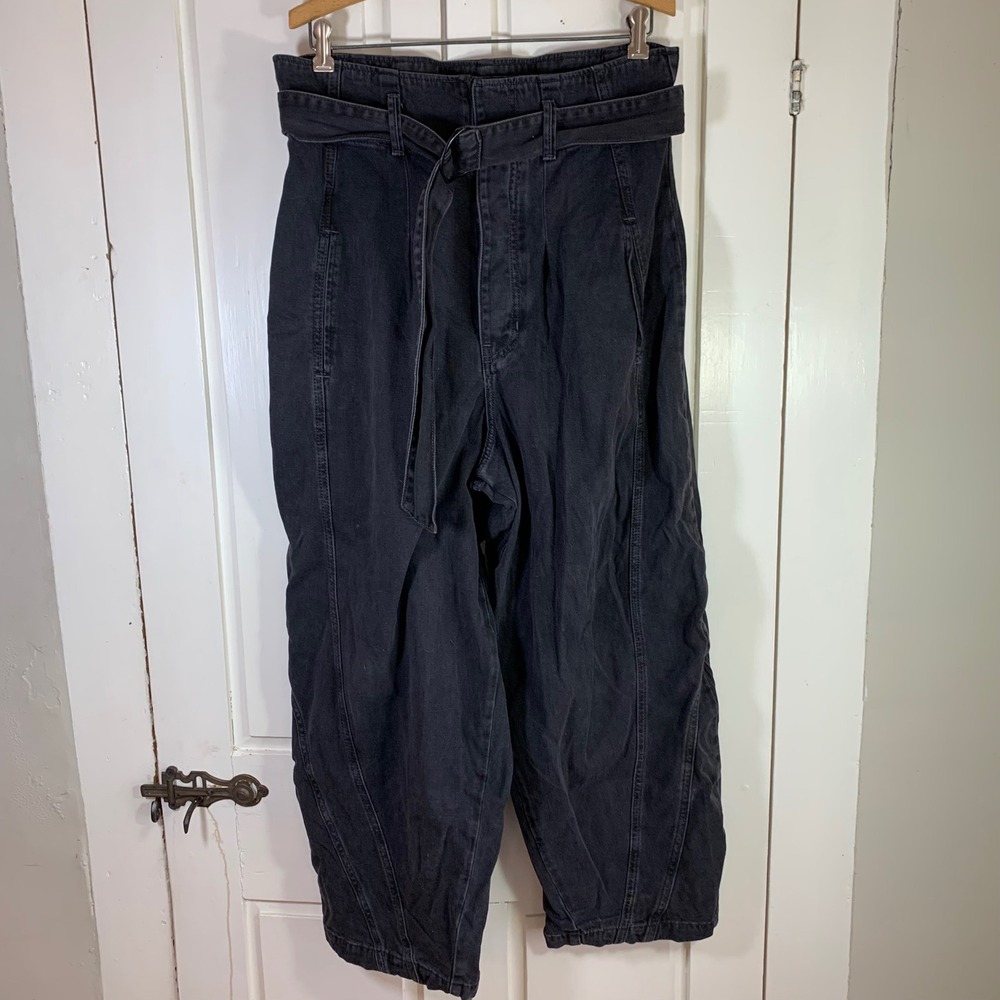 We The Free People Paperbag Waist Belted Barrel Leg Pants Black Gray Medium